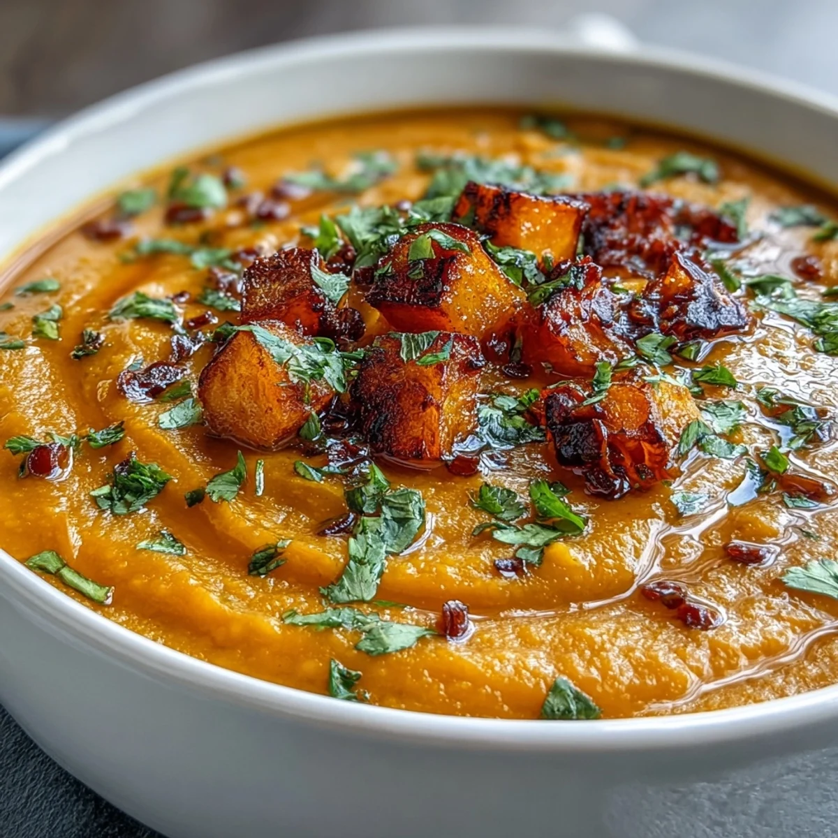 Warm Butternut Squash and Lentil Soup served with crusty bread and fresh parsley garnish.