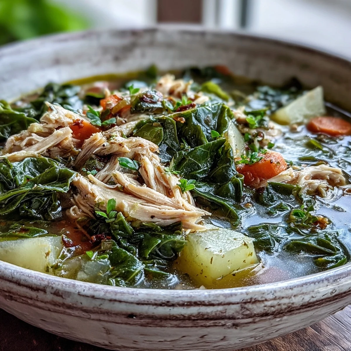 Close-up of Collard Greens, Chicken and Vegetable Soup in a rustic bowl, showcasing bright green leaves and steam rising from the golden broth.