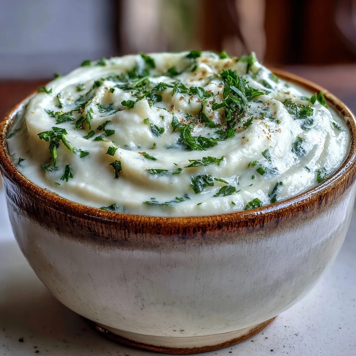 Creamy Vegetable Soup in a rustic bowl, steam rising from its velvety texture and vibrant green garnish of fresh parsley.
