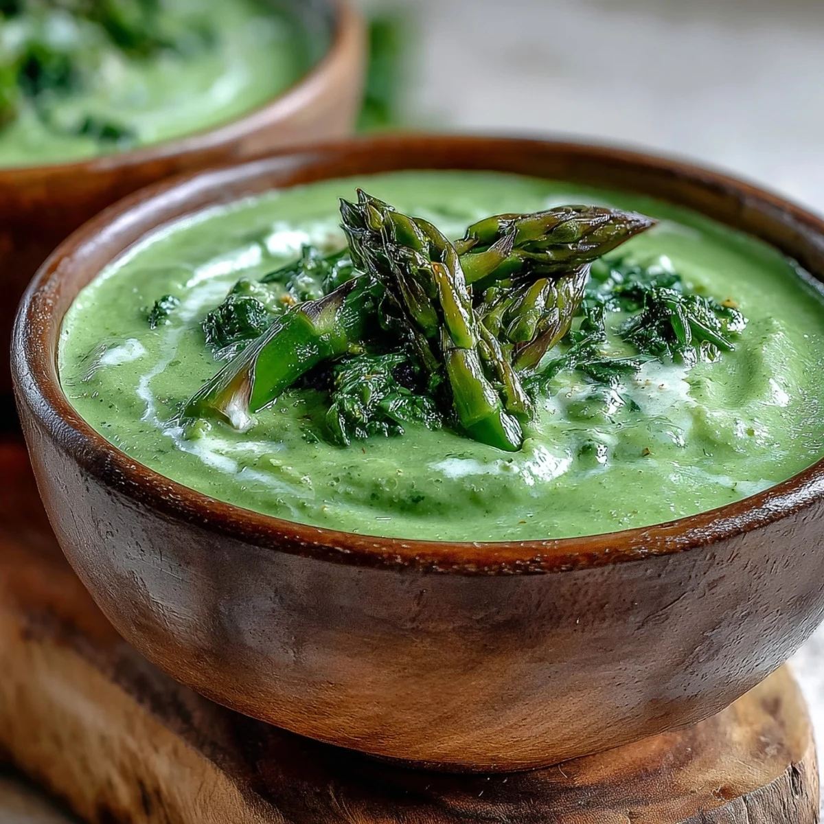 Creamy Big Green Immunity-Boosting Vegetable Soup with spinach and broccoli garnished with lemon.