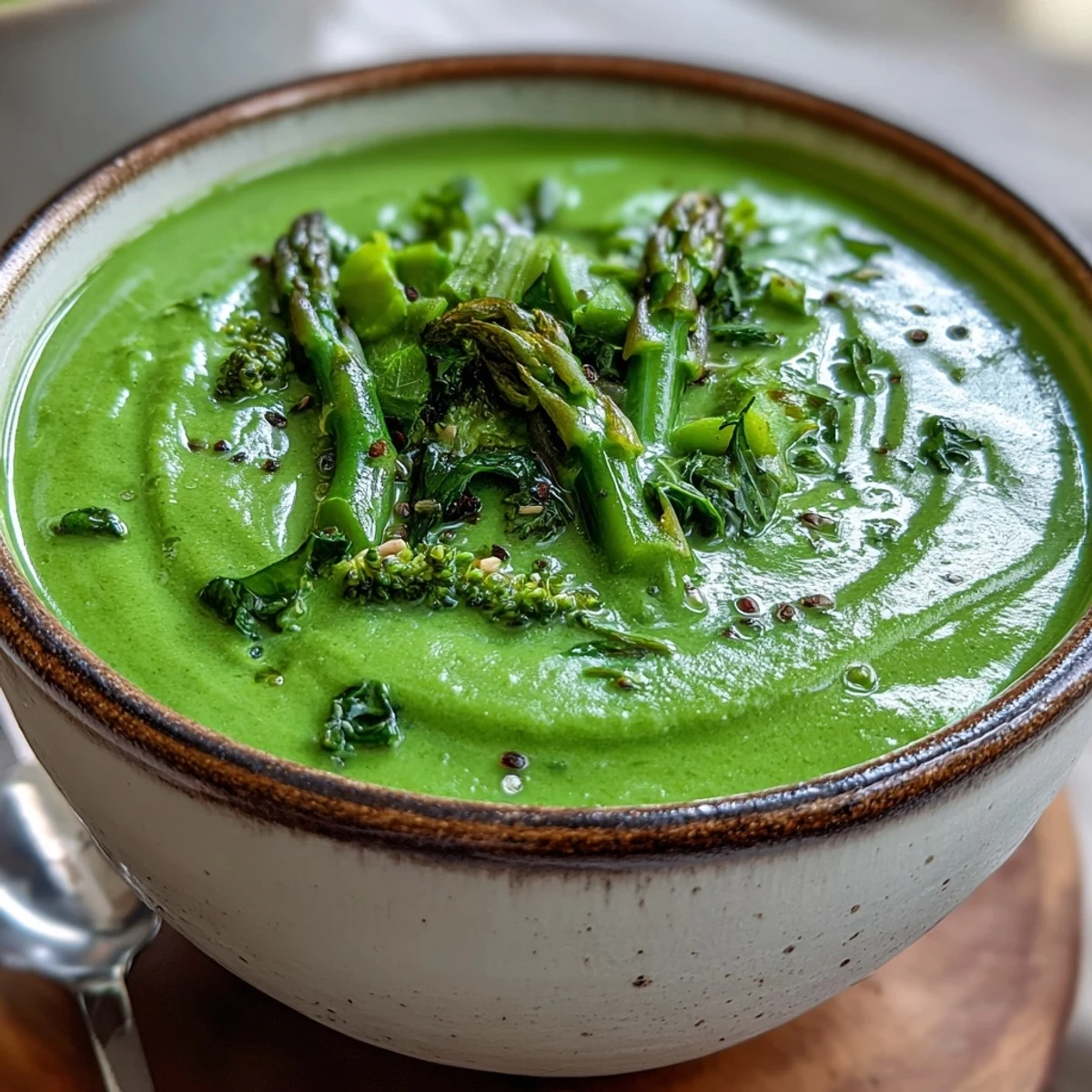 Smooth, hot Big Green Immunity-Boosting Vegetable Soup served with crusty whole grain bread for dipping.