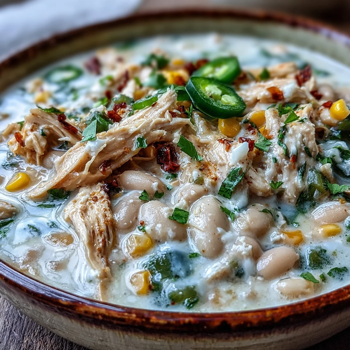 A steaming bowl of White Chicken Chili topped with fresh cilantro and shredded Monterey Jack cheese, served with lime wedges.