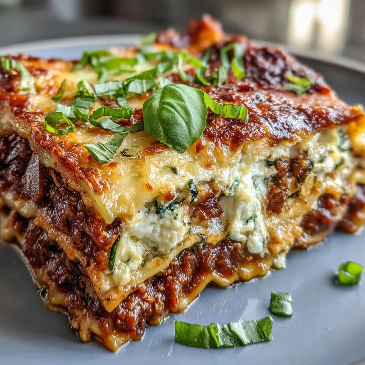 Golden, bubbling One-Pan Smoky Veggie Lentil Lasagne served fresh from the oven with fresh basil garnish.