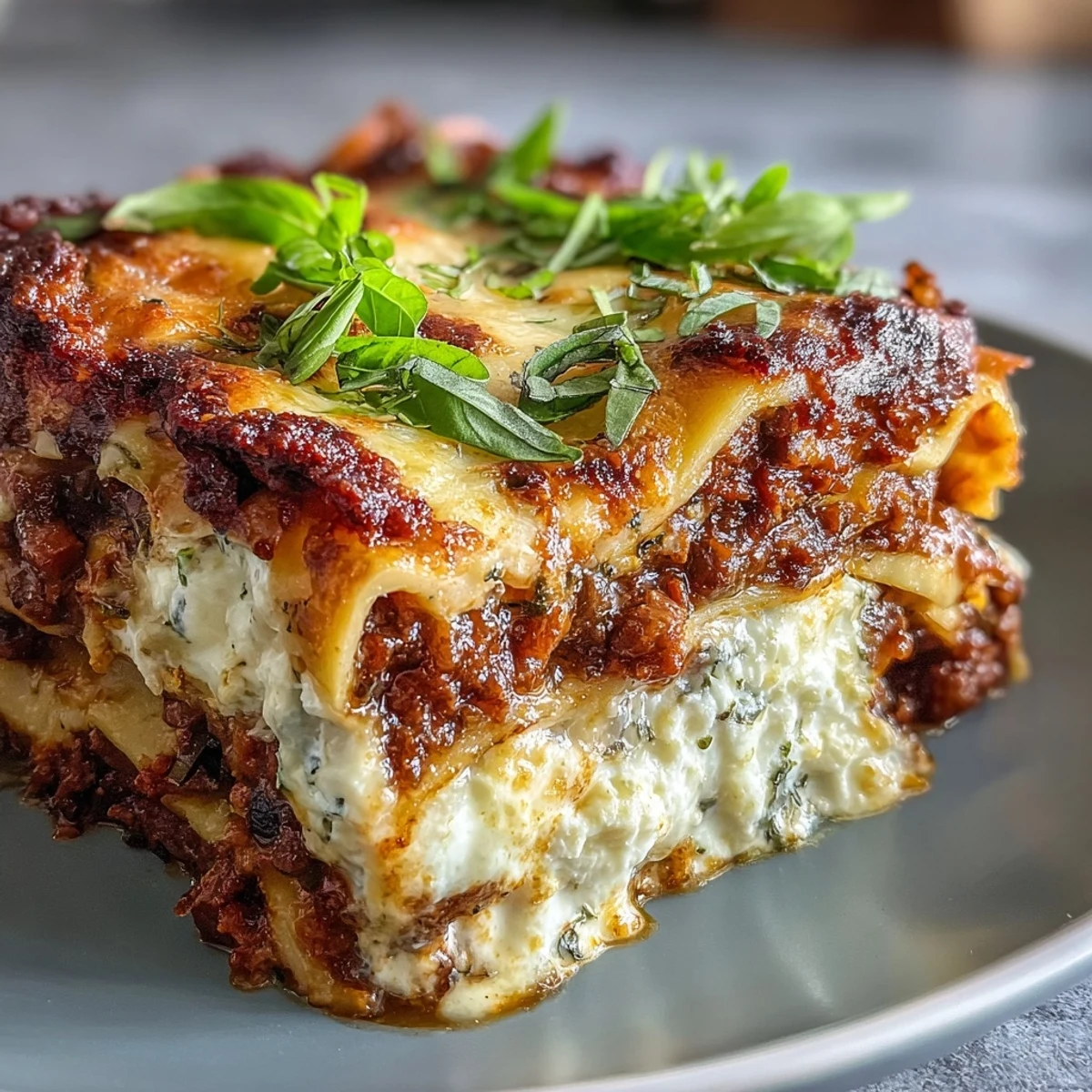 A rustic One-Pan Smoky Veggie Lentil Lasagne slice on a plate with a side salad and crusty bread.