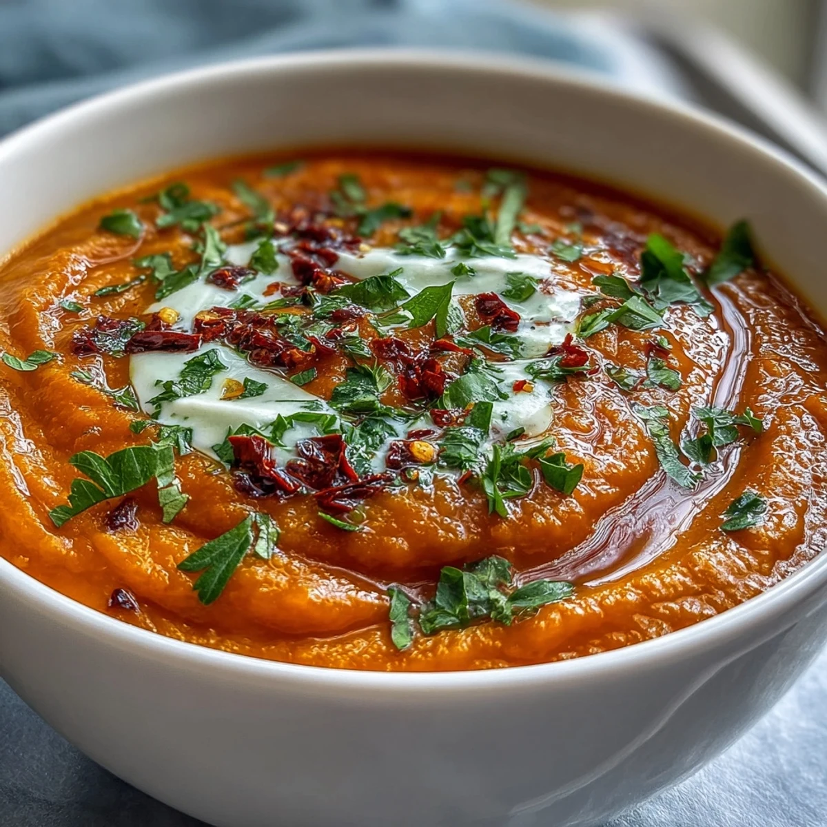 Smooth and creamy Carrot, Celeriac and Chilli Soup served in a rustic bowl, topped with fresh cilantro and a coconut yogurt swirl.
