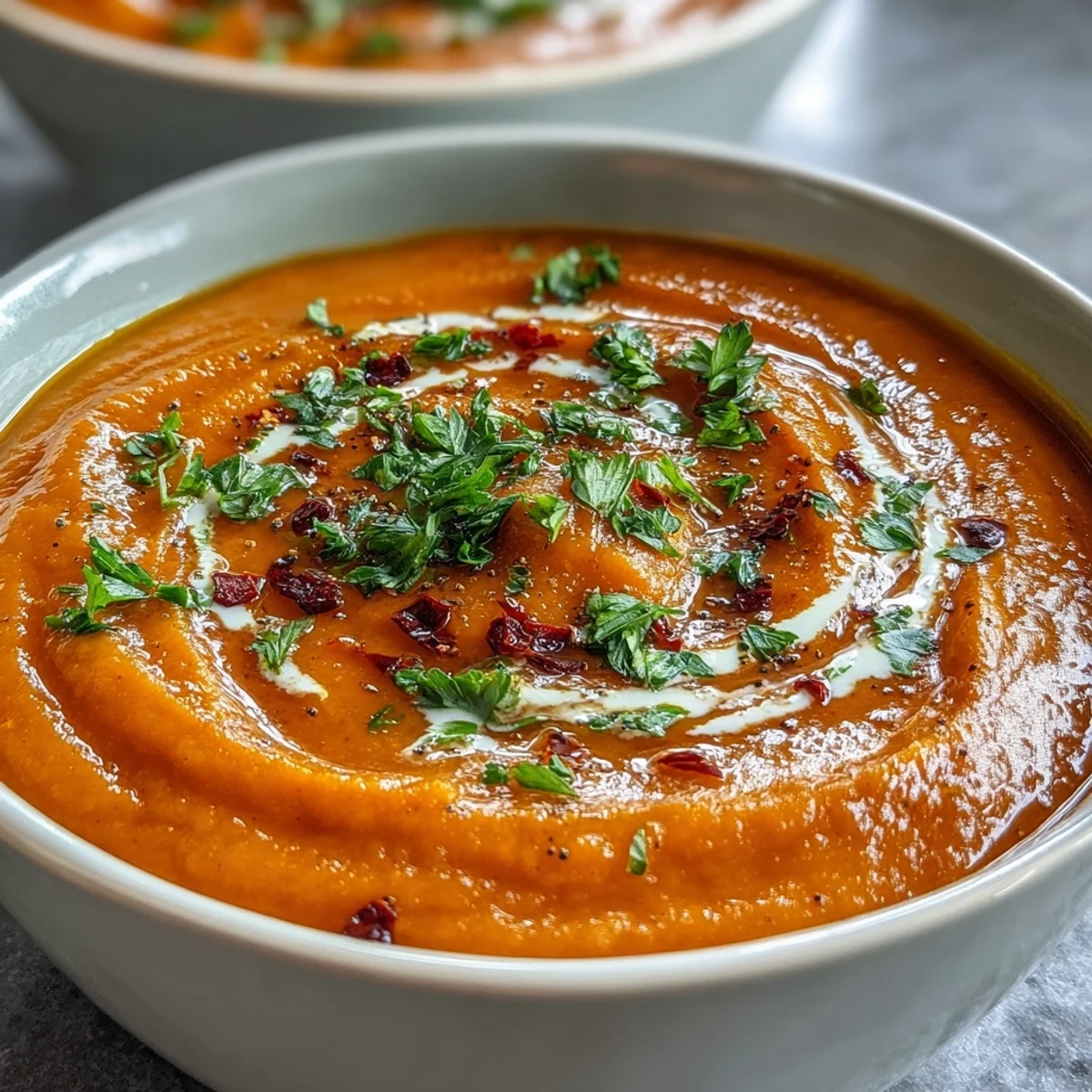 Steaming pot of Carrot, Celeriac and Chilli Soup with vibrant orange puree, ready to serve alongside crusty gluten-free bread for dipping.