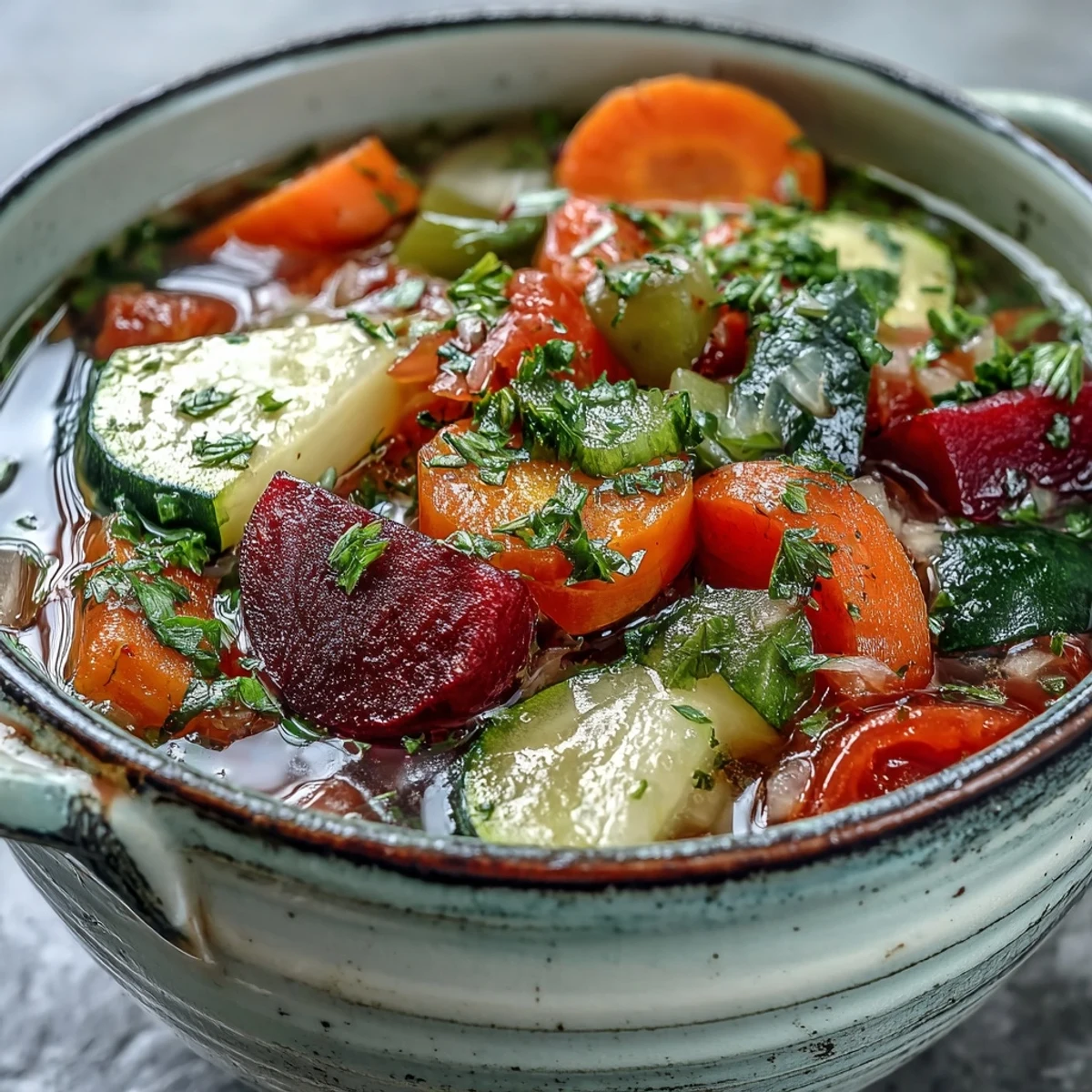 A steaming bowl of Rainbow Vegetable Detox Soup brimming with colorful beets, carrots, and zucchini, garnished with fresh parsley.