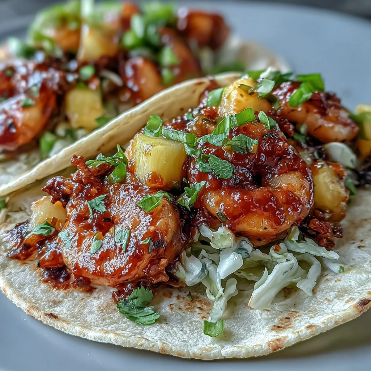 Warm corn tortillas hold spicy sriracha shrimp and vibrant mango salsa for a fresh meal.