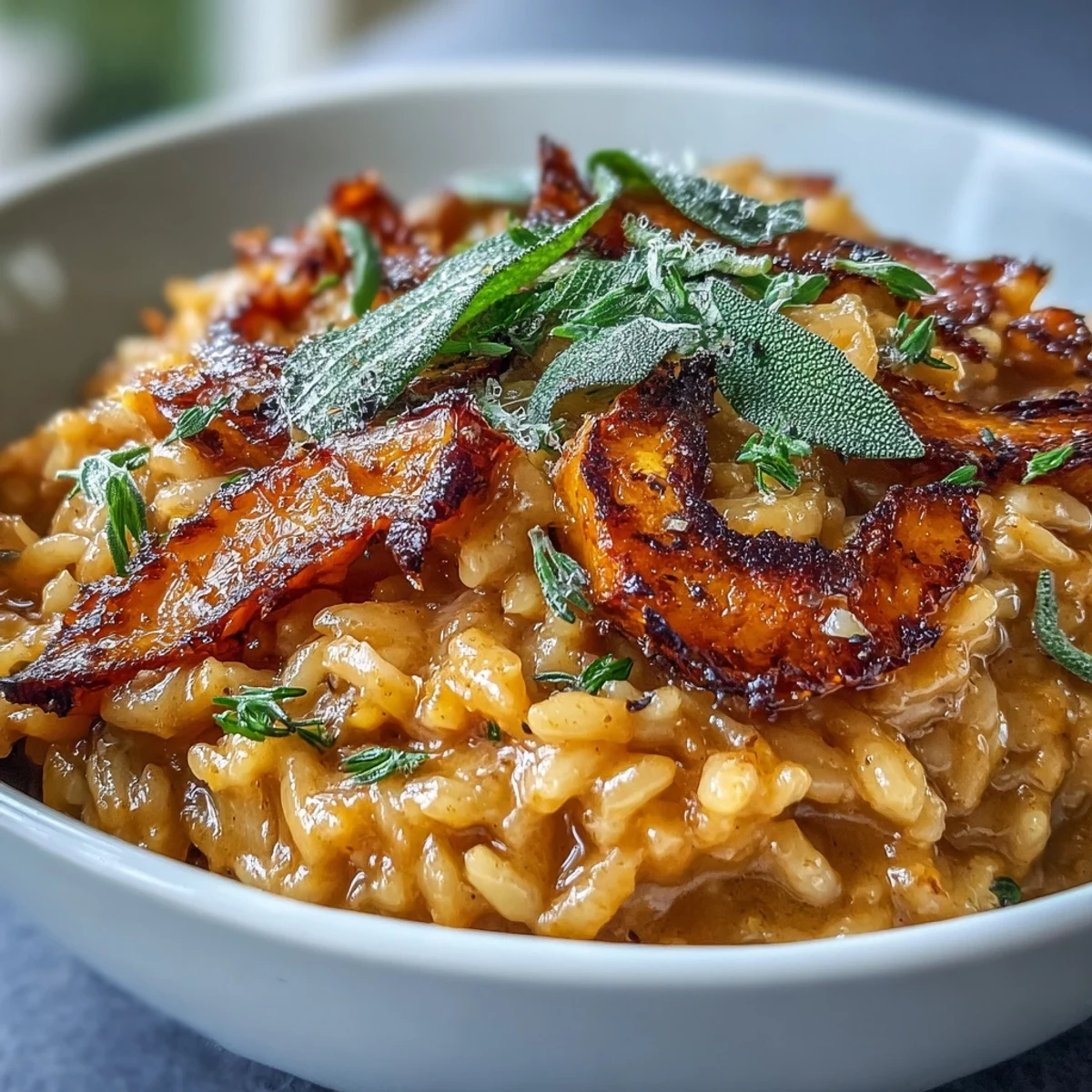 Creamy Vegan Pumpkin Risotto topped with crispy sage leaves, served warm in a rustic bowl for a cozy autumn meal.
