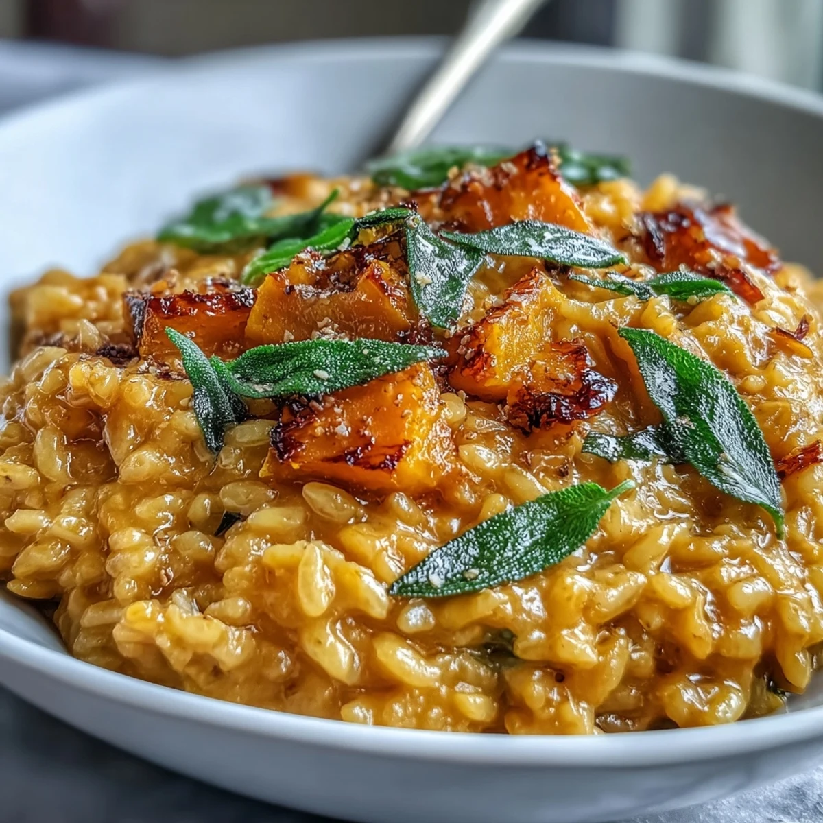 Hearty Vegan Pumpkin Risotto with nutmeg and nutritional yeast, fork-ready beside a linen napkin on a wooden table.