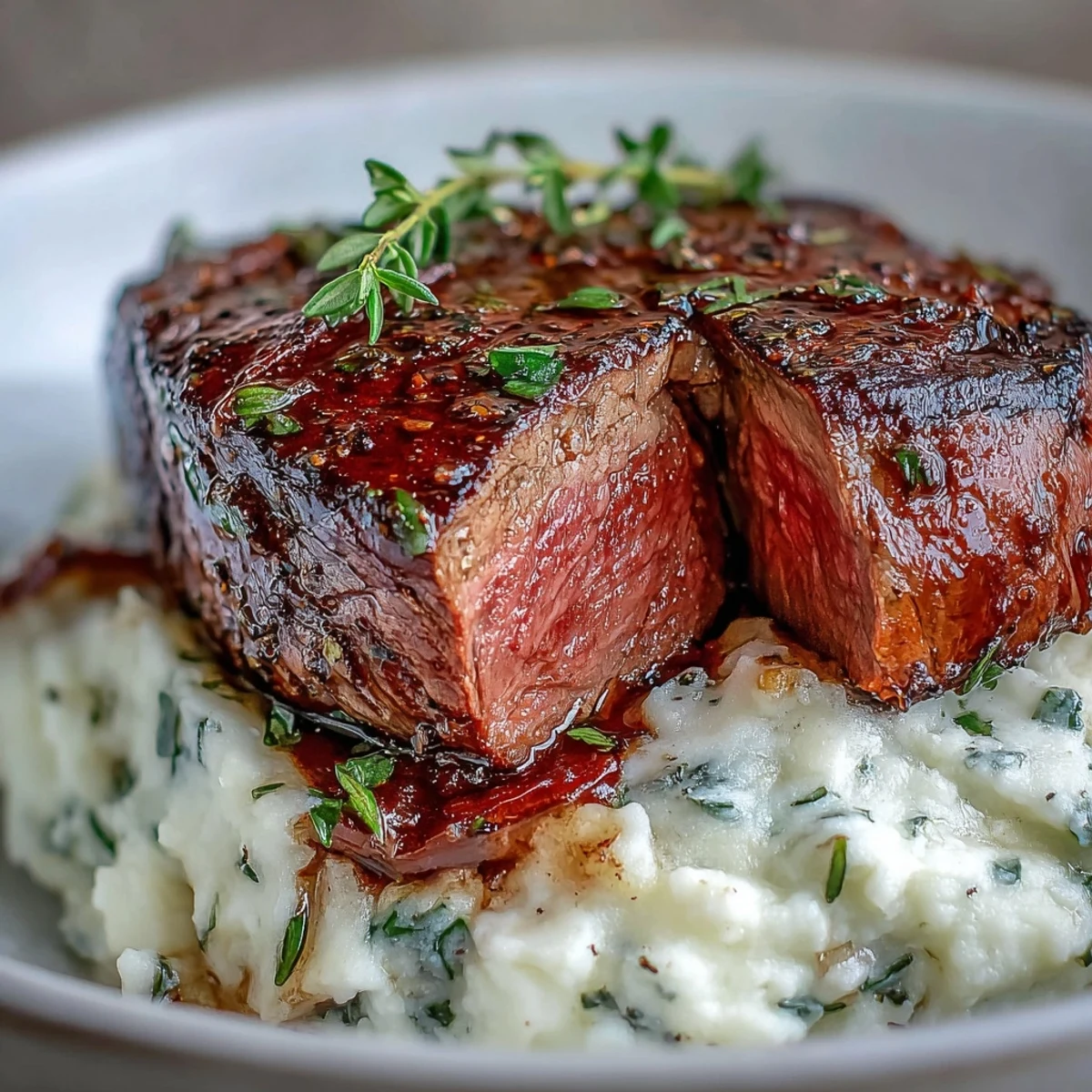 Perfectly seared venison steaks with a charred crust rest on creamy, buttery caraway crushed swede mash, ready to enjoy.