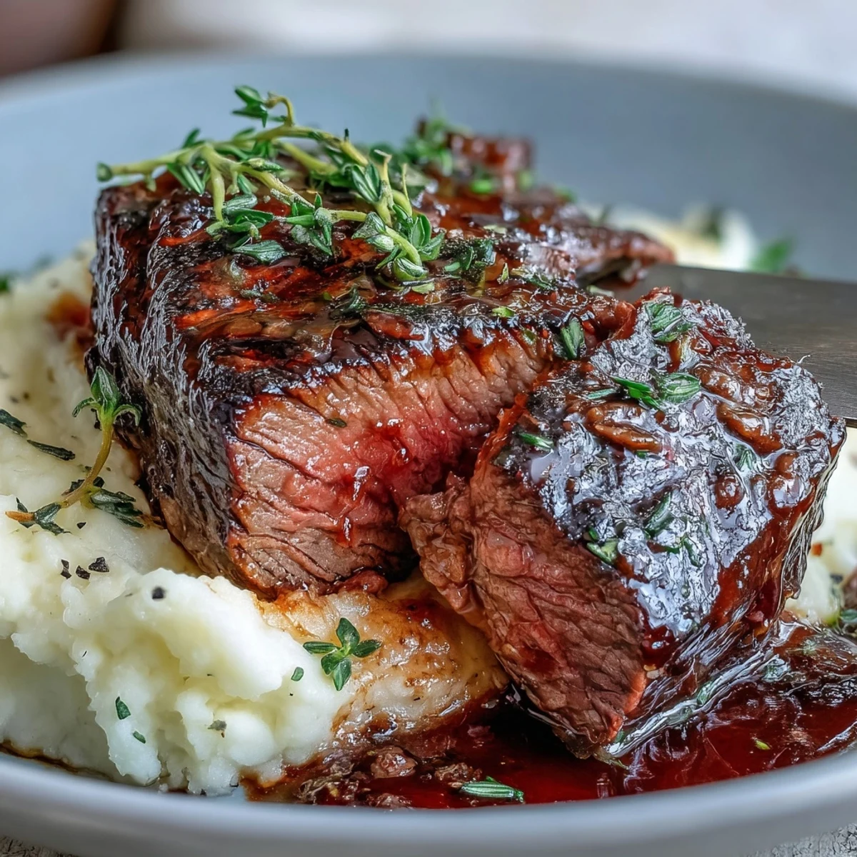 A rustic plate of Venison Steaks with Caraway Crushed Swede, garnished with fresh thyme and a rich red wine drizzle.