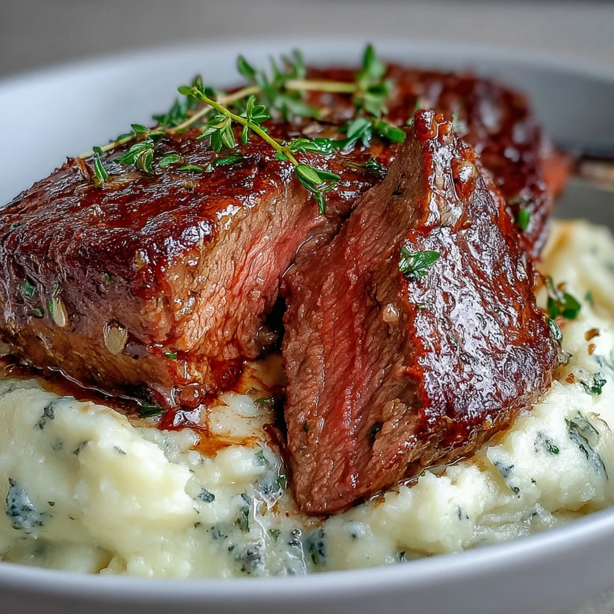 Close-up view of tender Venison Steaks with Caraway Crushed Swede, highlighting the fluffy mash texture and savory meat juices.