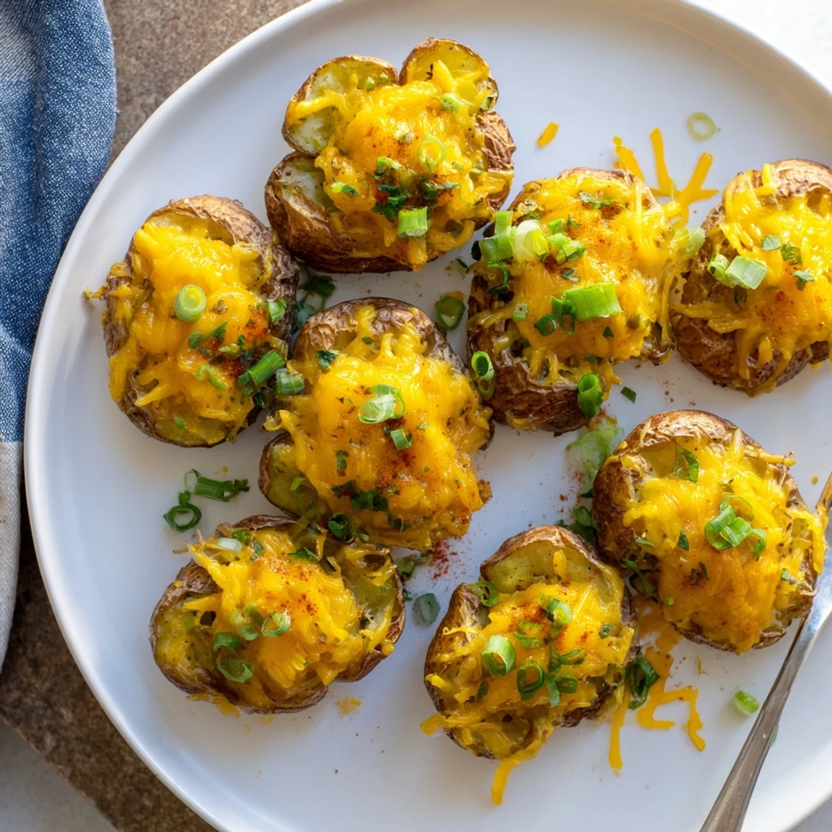 Crispy smashed green onion potato bombs topped with melted cheese, perfect for sharing.  