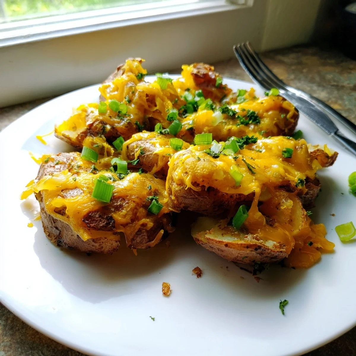Savory smashed green onion potato bombs, crispy and cheesy, ideal as a delightful appetizer.