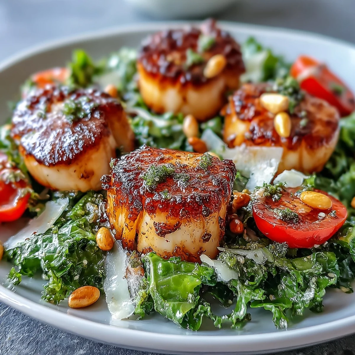 Plump, golden-brown scallops sit atop a crisp escarole salad with cherry tomatoes and shaved Parmesan.