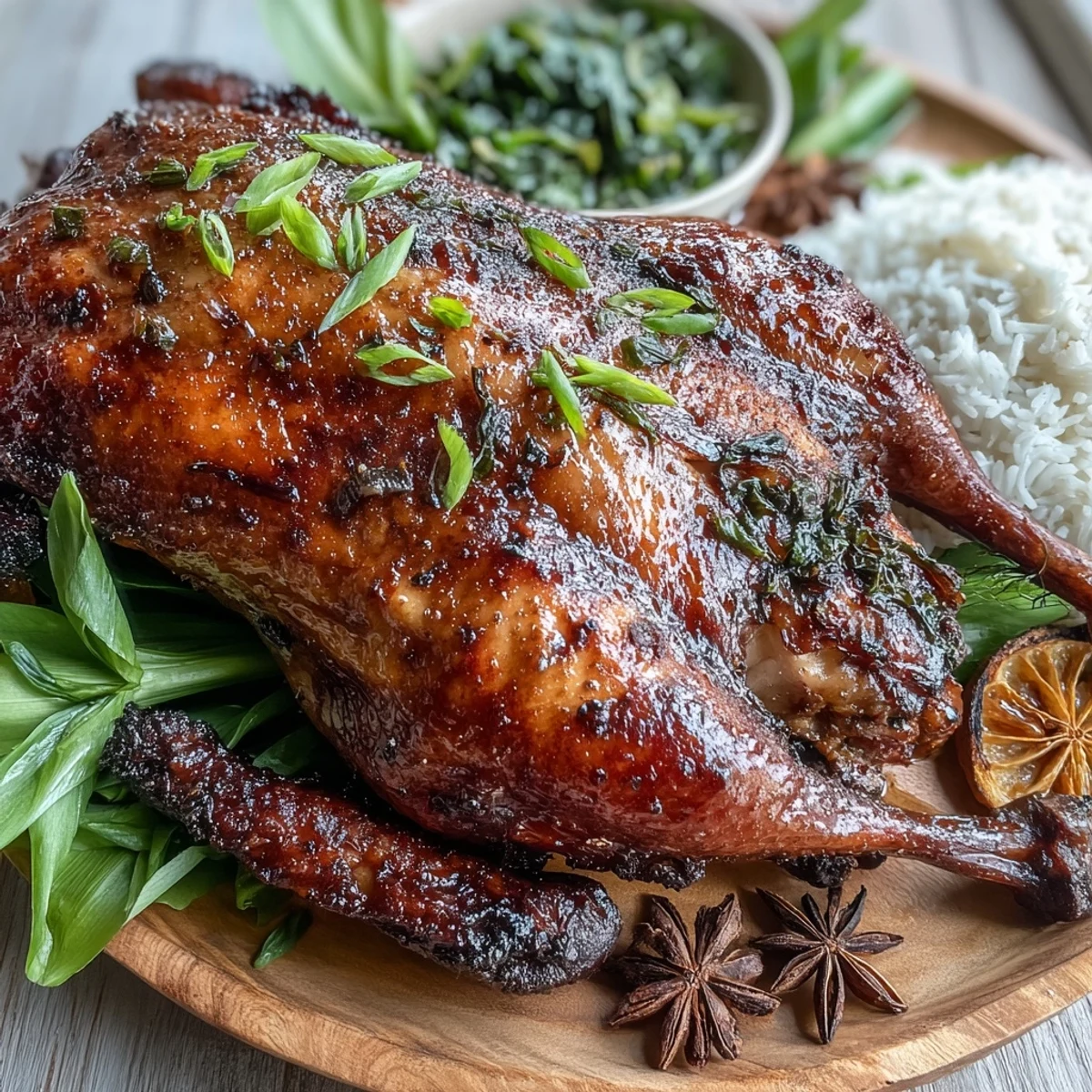 Roasted Five-Spice Roast Ducks glistening with a sticky honey glaze and stuffed with orange quarters on a rustic platter.