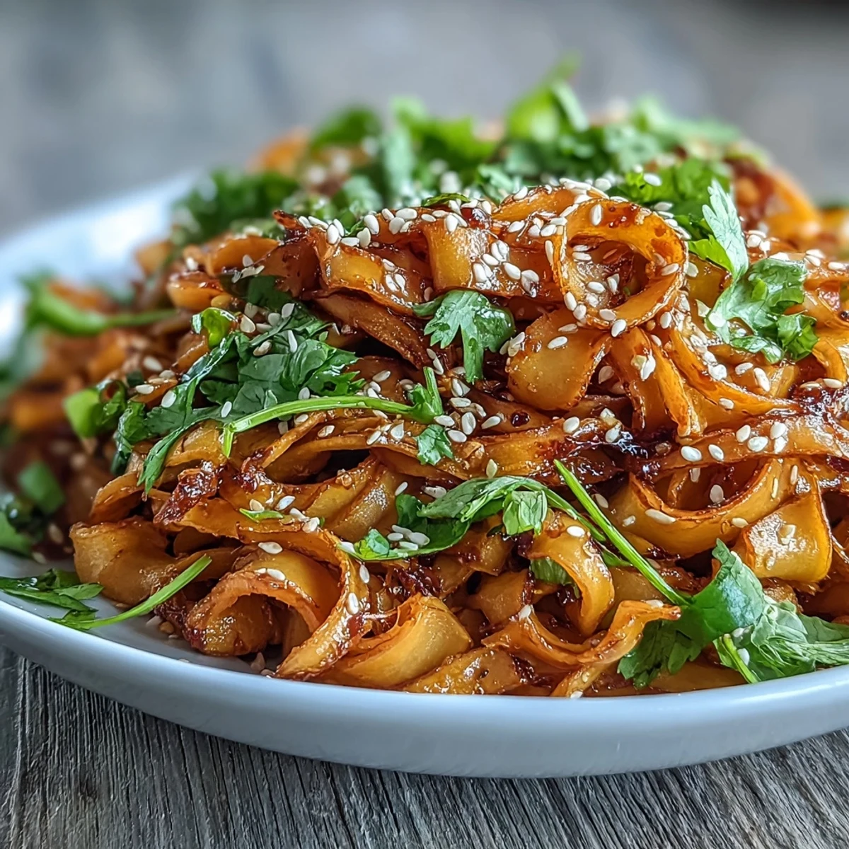 Savory Gochujang Swede Noodles are garnished with fresh cilantro, toasted sesame seeds, and crisp spring onions for a vibrant, satisfying weeknight meal.