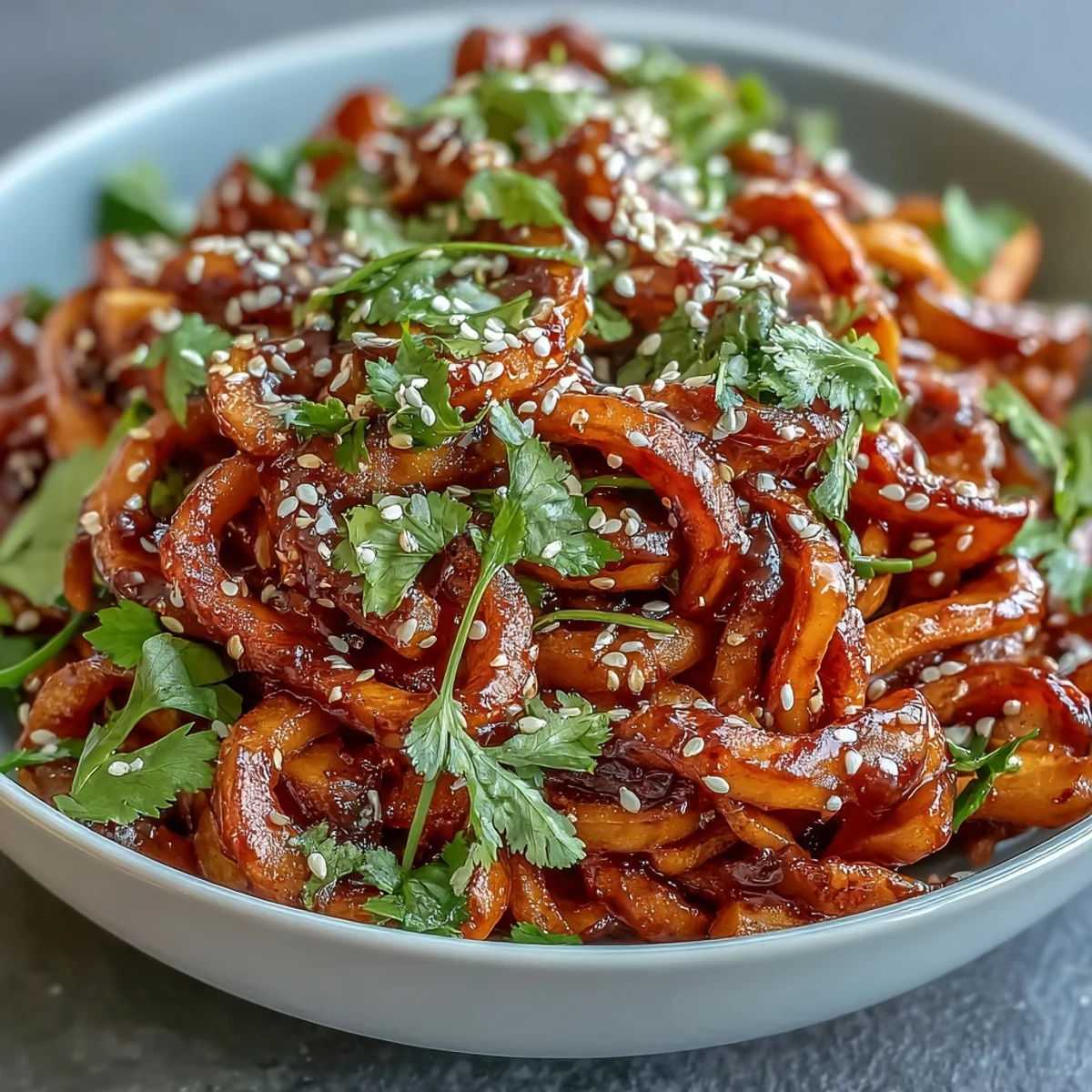 Close-up of Gochujang Swede Noodles, showcasing glossy noodles and roasted swede ribbons tossed with julienned carrots and bean sprouts in a rich sauce.