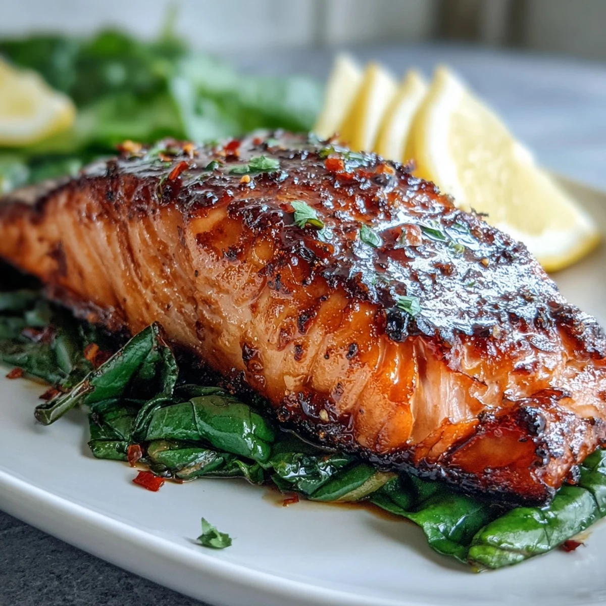 Golden-brown, extra-crisp salmon fillets served atop a bed of sautéed, garlicky Swiss chard, finished with fresh lemon wedges.