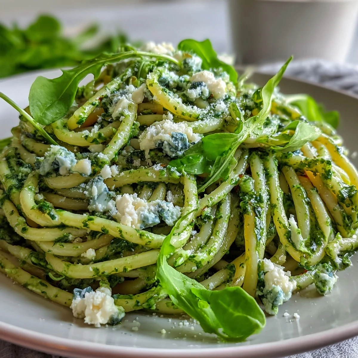 Creamy Linguine with Arugula Pesto twirled on a fork, topped with fresh Parmesan and extra arugula.