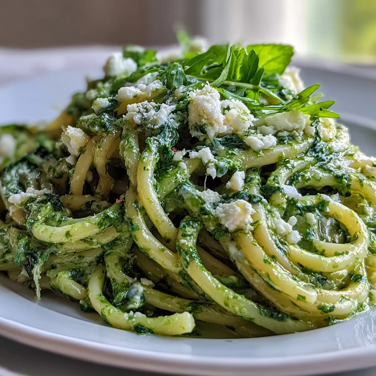 Steaming Linguine with Arugula Pesto plated beside a glass of white wine on a rustic table.