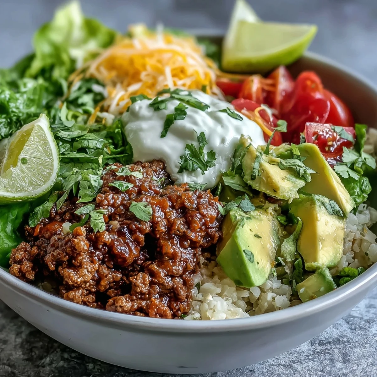 A colorful Low Carb Burrito Bowl topped with juicy tomatoes, shredded cheddar, sour cream, and a lime wedge for brightness.