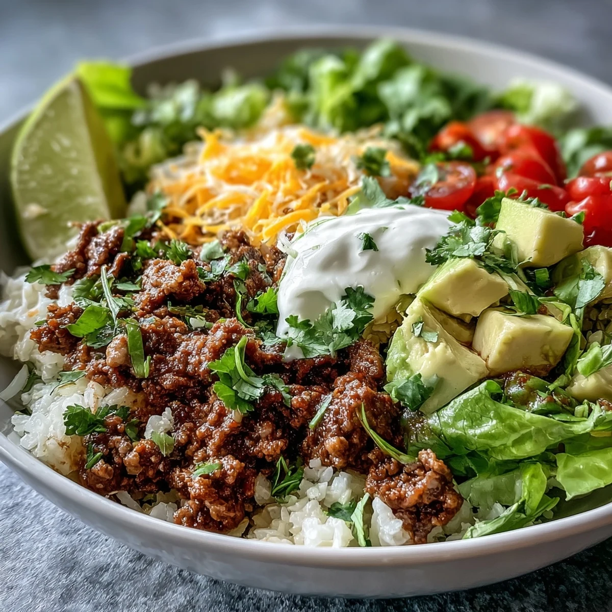 Easy Low Carb Burrito Bowl with sautéed beef and peppers, fluffy cauliflower rice, and vibrant garnishes ready for weeknight dinner.