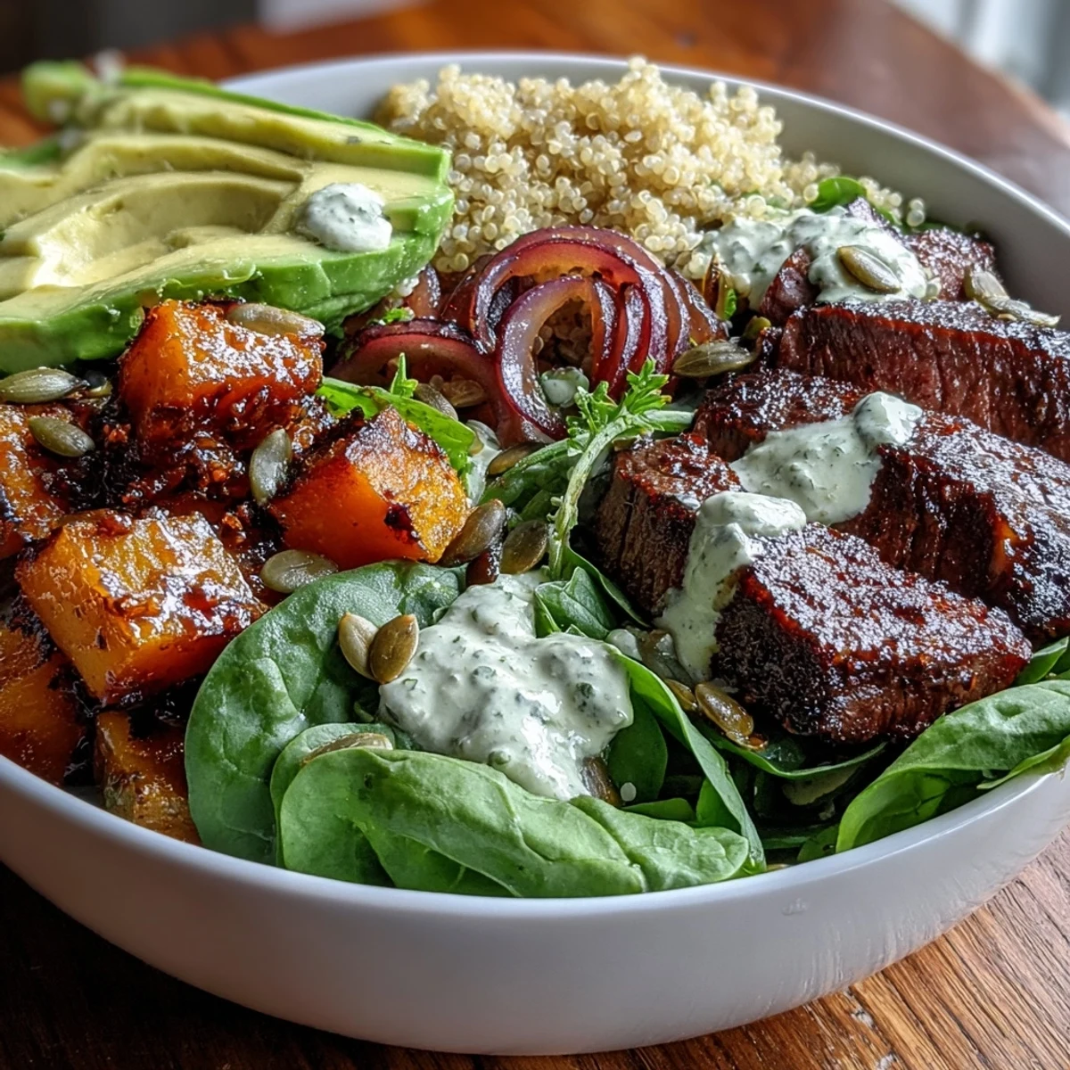 Golden roasted butternut squash steak bowl with fluffy quinoa, creamy avocado slices, and a drizzle of lime-cilantro dressing.