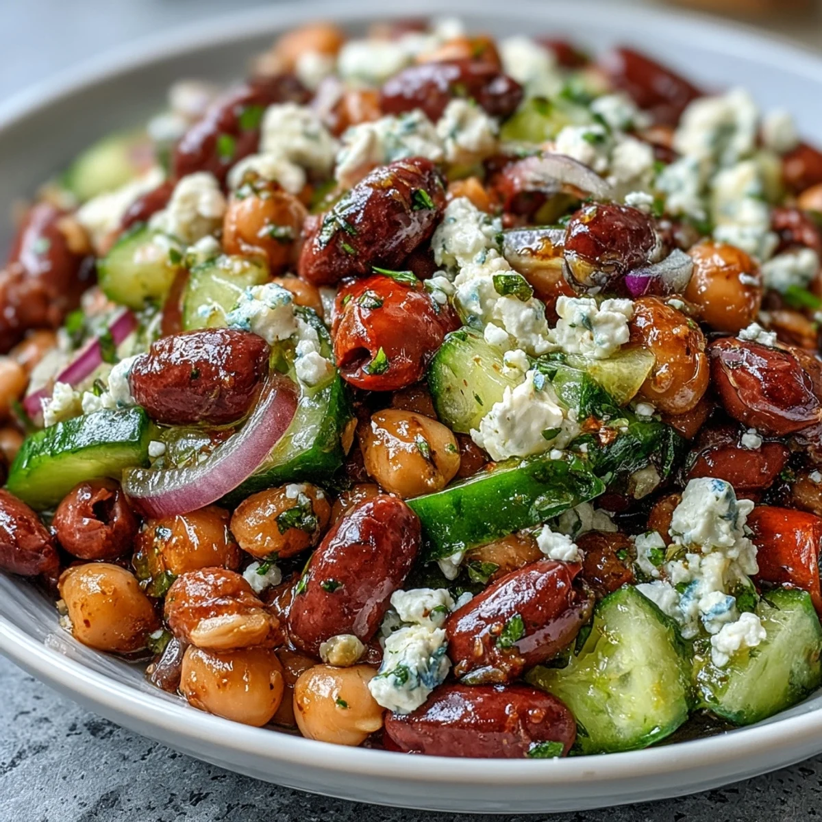 Greek Bean Salad with Lemon Marinated Beans shines in a white bowl, featuring colorful vegetables and herbs, perfect for a fresh and healthy Mediterranean meal.