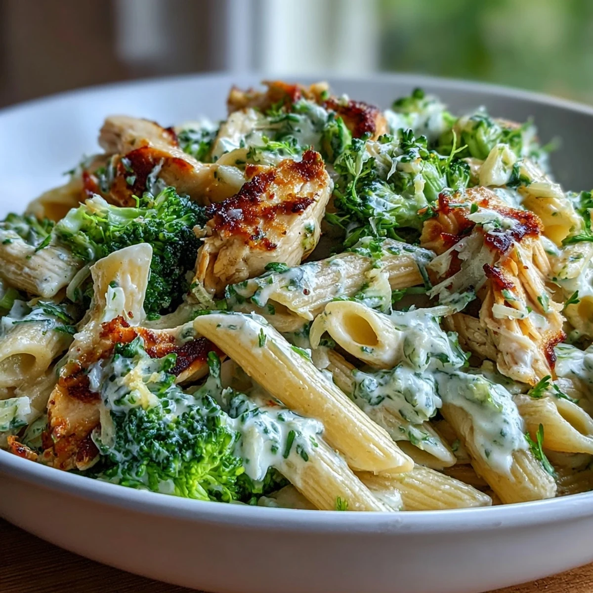 Shredded rotisserie chicken and bright green broccoli florets tossed with whole-wheat penne in a garlicky Greek yogurt sauce