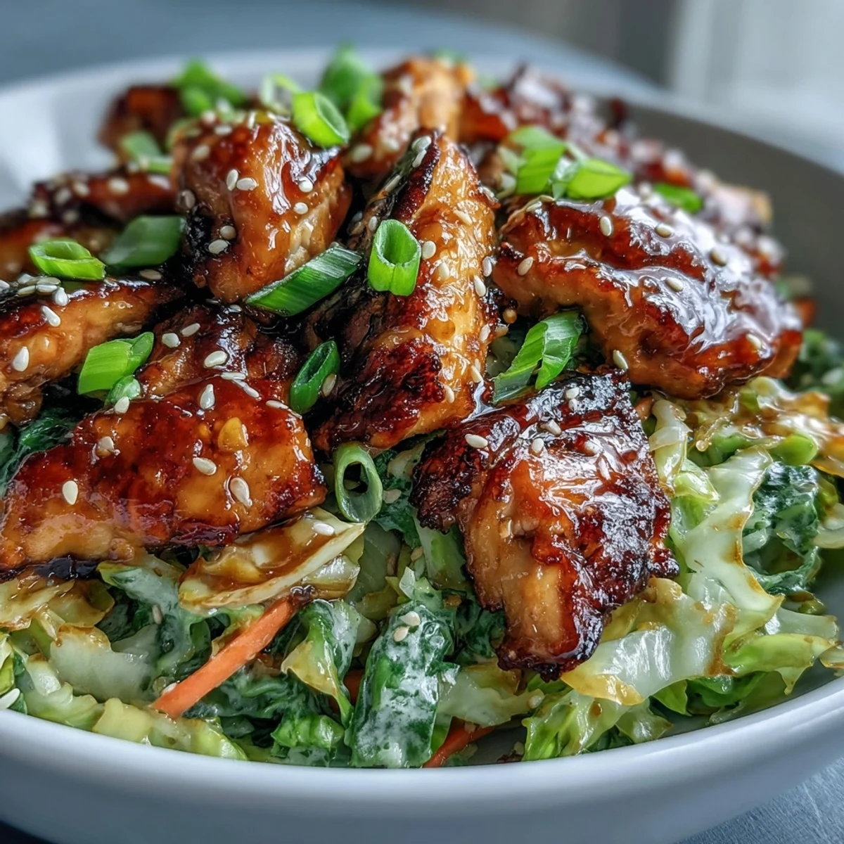 Freshly shredded cabbage and carrots fill this skillet, garnished with green onions and sesame seeds for a crunchy bite.