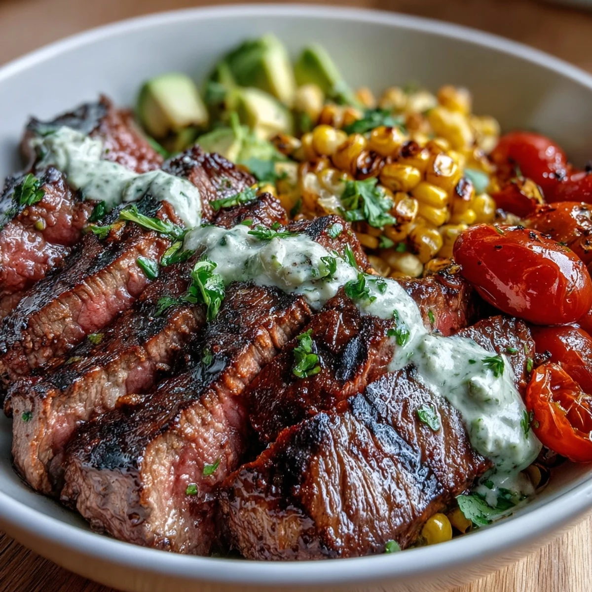 Tender sliced steak and charred roasted corn fill this bowl with avocado and cherry tomatoes, finished with a drizzle of vibrant green cilantro cream sauce.