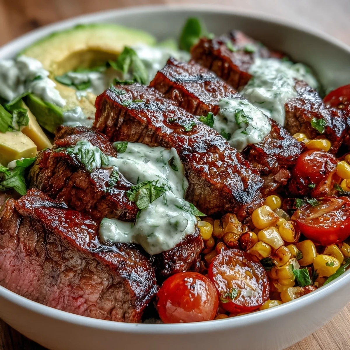 Sliced flank steak and roasted corn mingle with avocado and red onion in a warm bowl, topped with zesty cilantro cream sauce and lime.