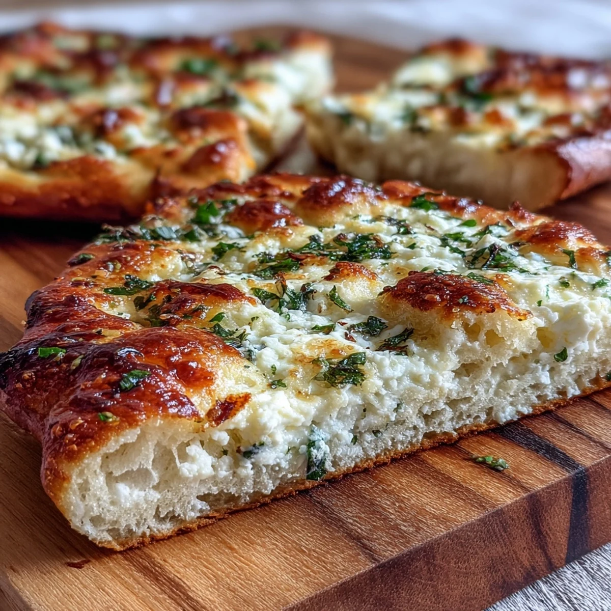 Golden-brown Fluffy Cottage Cheese Flatbread bubbling in a skillet, fragrant with garlic and fresh herbs.