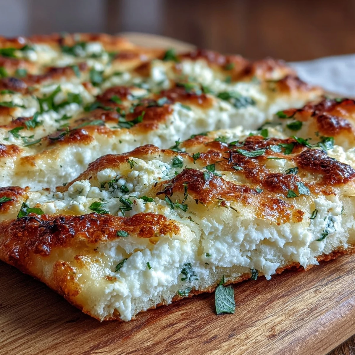 Stack of warm Fluffy Cottage Cheese Flatbread with visible curds, perfect for homemade pizza night.