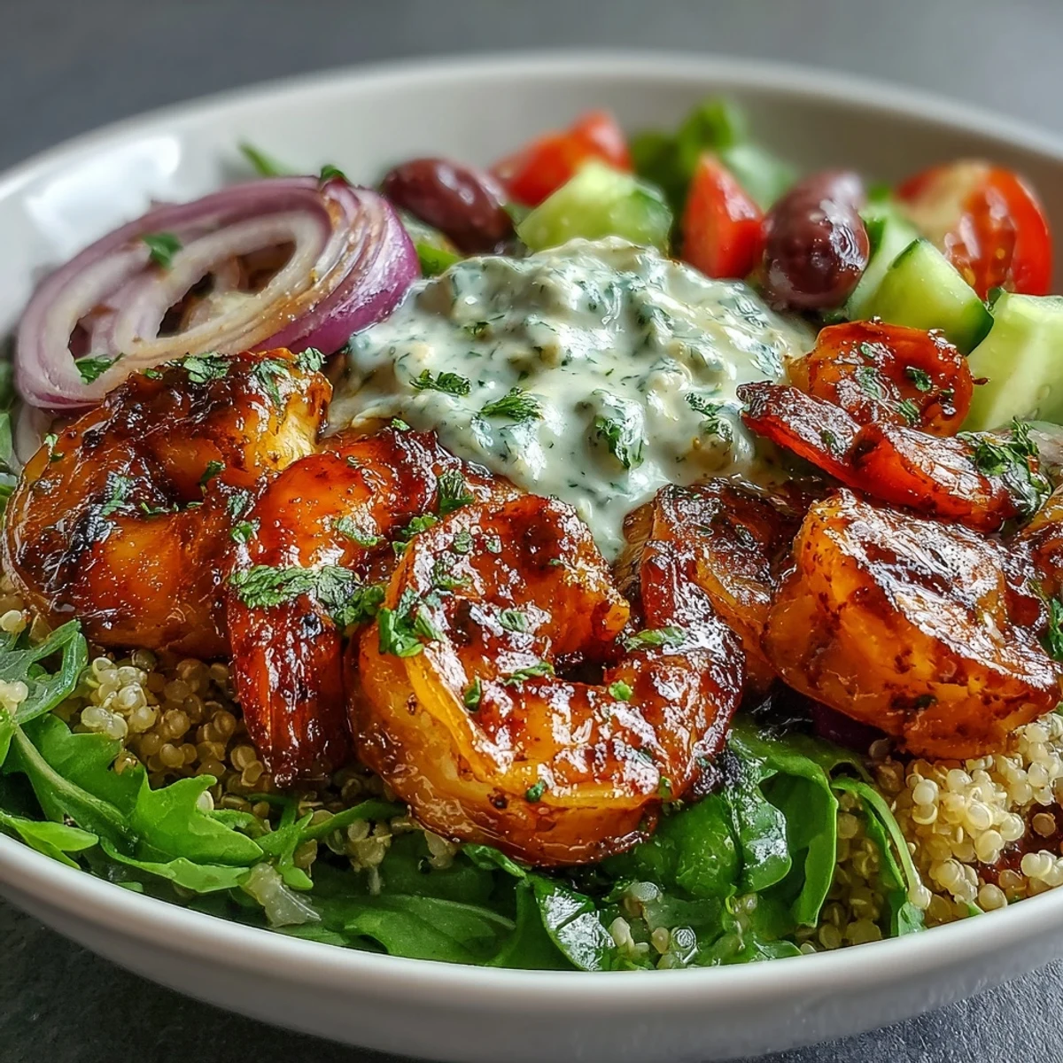 Freshly sautéed garlic shrimp rest on quinoa with cherry tomatoes and cucumber, drizzled with creamy tahini sauce.