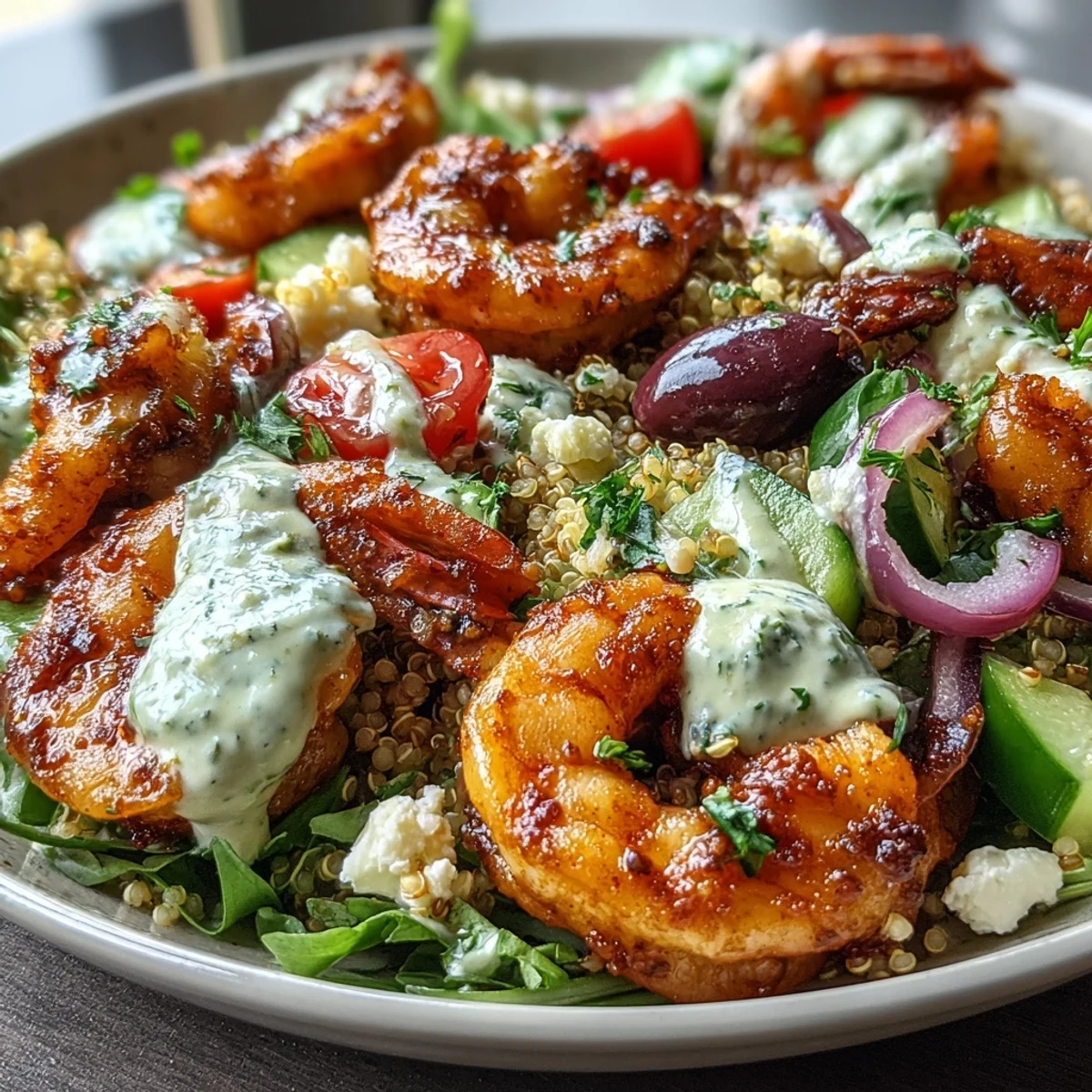 Healthy Mediterranean Shrimp Bowl bowl with succulent shrimp, grains, and veggies, ready for a flavorful weeknight dinner.