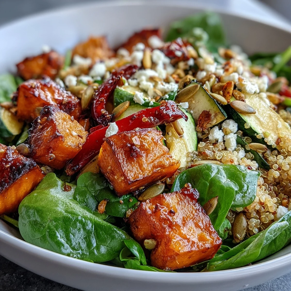 A fresh Warm Salad Bowl topped with feta, pumpkin seeds, and a drizzle of warm vinaigrette.