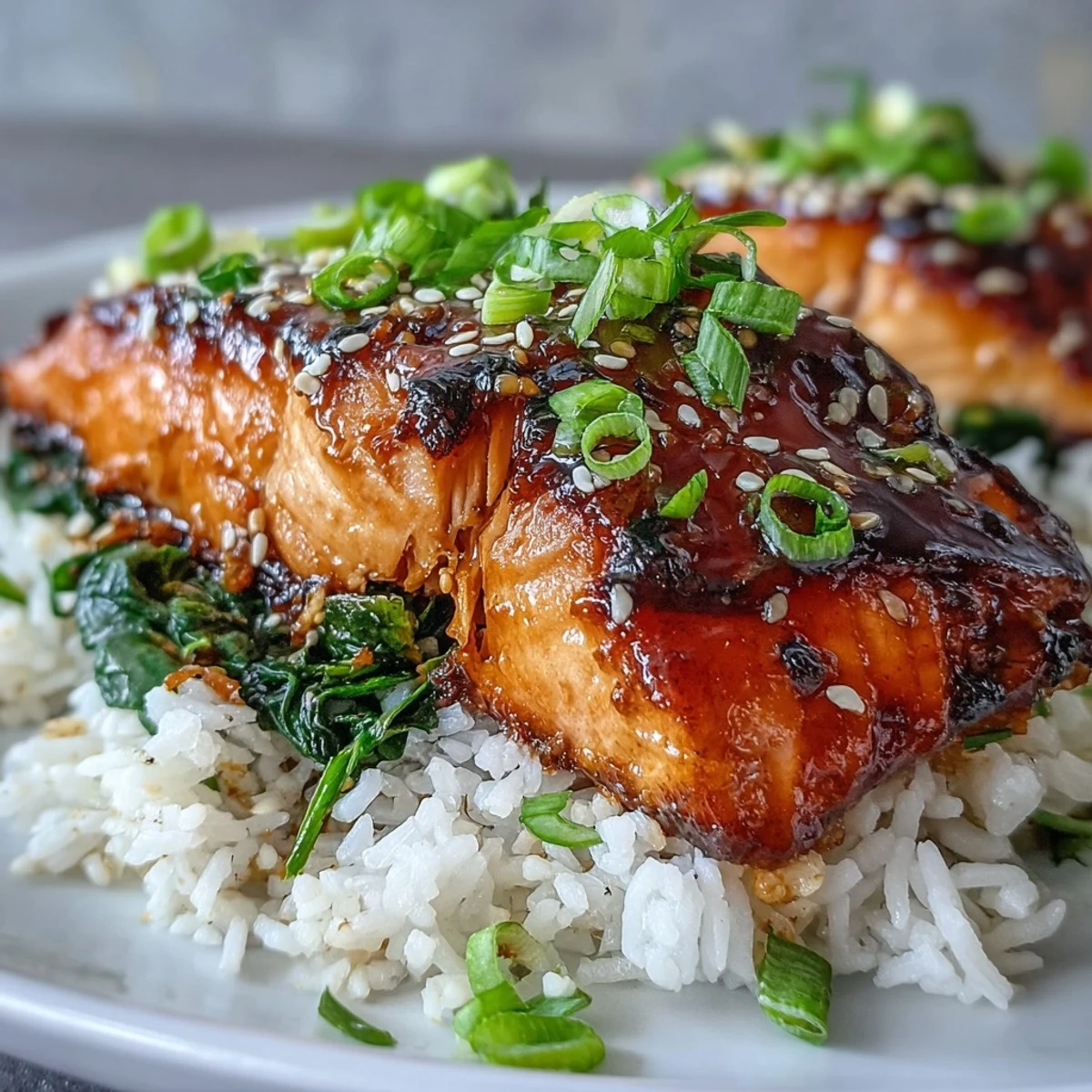 Golden-brown Miso Glazed Salmon Bowl with jasmine rice and wilted spinach, topped with green onions and sesame seeds.