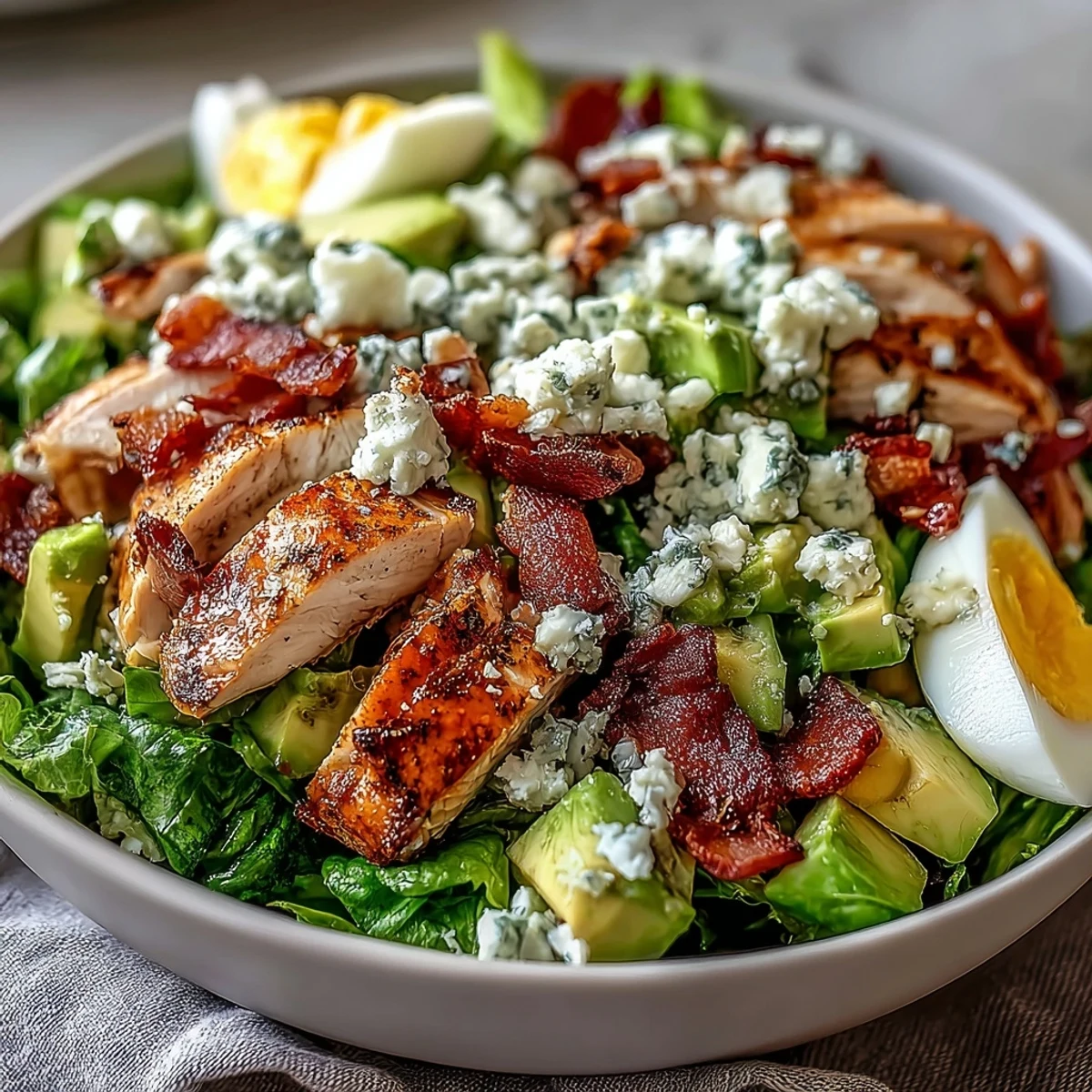 Freshly grilled chicken strips, crispy bacon, creamy avocado, and hard-boiled egg quarters top this vibrant Cobb Salad Bowl, served with a side of ranch dressing.