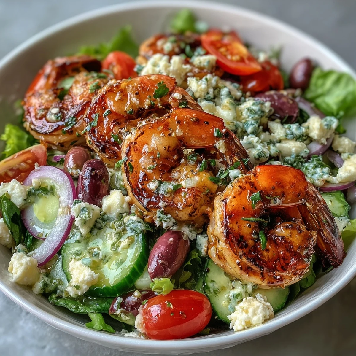 Vibrant Greek Shrimp Bowl with grilled shrimp, feta, and cherry tomatoes on a bed of greens, drizzled with lemon-olive oil dressing.