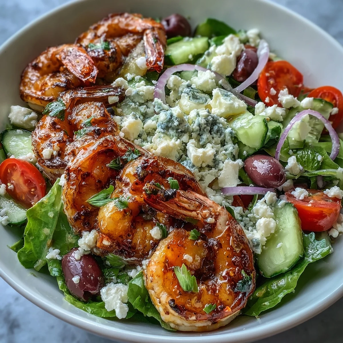 Succulent grilled shrimp Greek Shrimp Bowl featuring crisp cucumber, briny Kalamata olives, and crumbled feta cheese for a fresh Mediterranean meal.