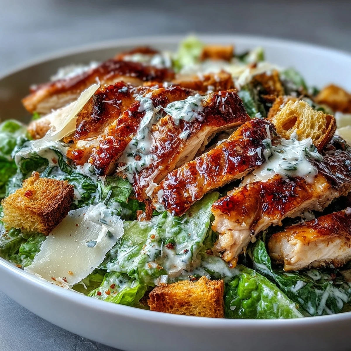 Juicy grilled Caesar Chicken Bowl with crisp romaine, crunchy croutons, and creamy dressing.