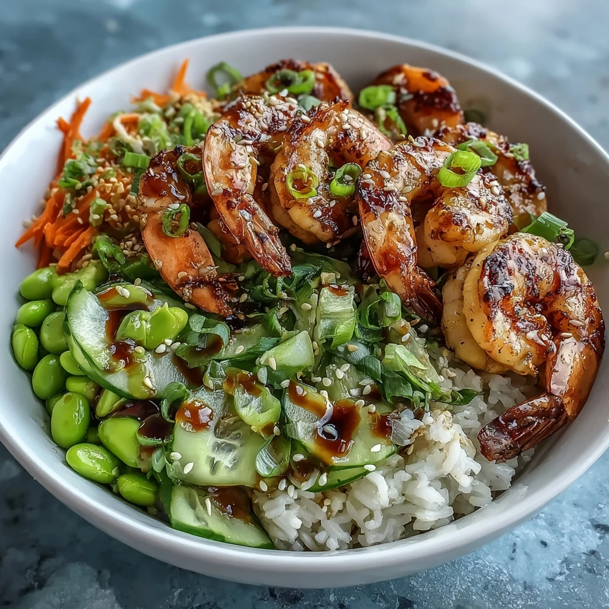 Vibrant Asian Shrimp Bowl topped with juicy grilled shrimp and crisp veggies, drizzled with tangy ginger-sesame dressing over fluffy jasmine rice.