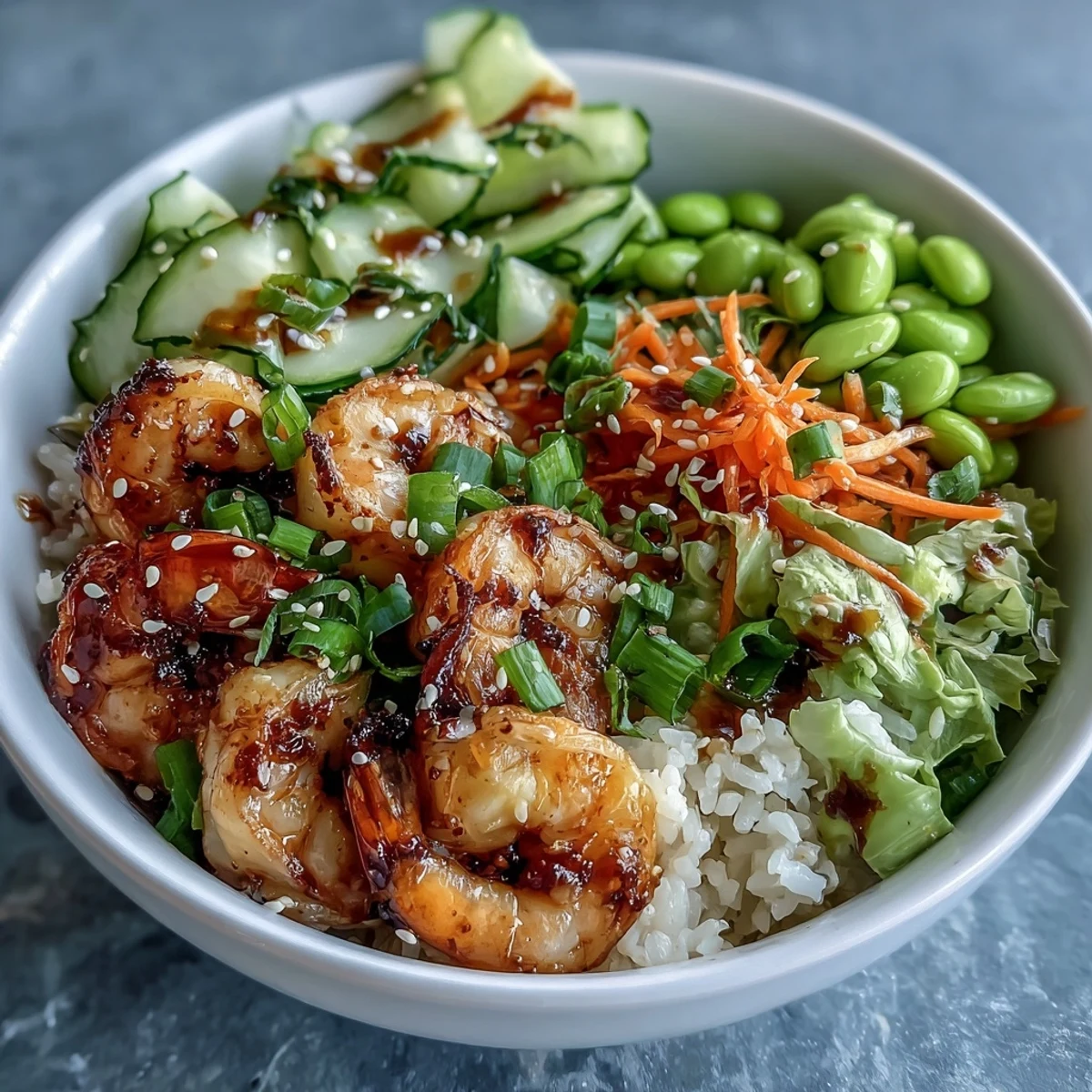 A close-up of a healthy Asian Shrimp Bowl featuring tender shrimp, edamame, cucumber, and carrots, garnished with sesame seeds and scallions.