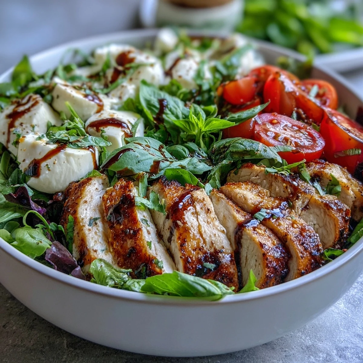 Sliced grilled chicken and mozzarella over greens in a Caprese Chicken Bowl, drizzled with balsamic reduction.