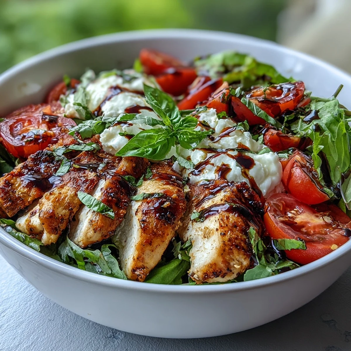 A protein-packed Caprese Chicken Bowl with mozzarella and tomatoes, served on greens and finished with olive oil.