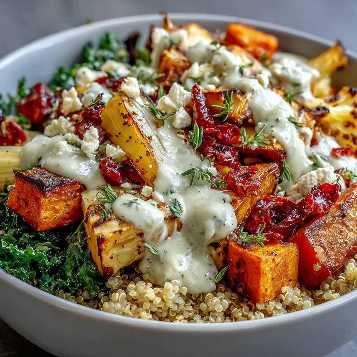 Close-up of the Hearty Winter Grain Bowl showing roasted carrots and sweet potatoes atop fluffy quinoa, drizzled with creamy tahini dressing and topped with pumpkin seeds.