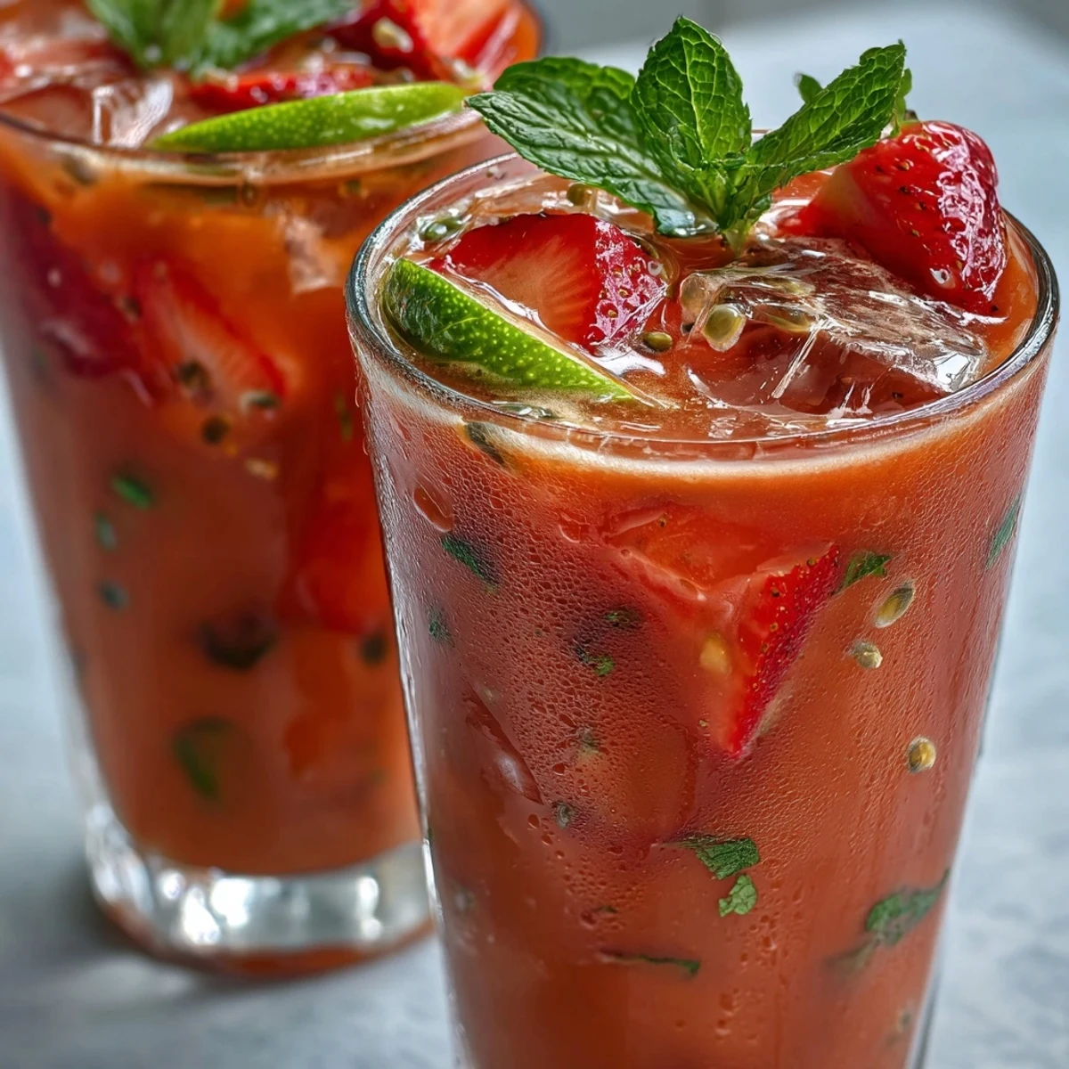 Frosted glasses filled with creamy DIY Iced Guava Passionfruit Drink and fresh mint garnish.